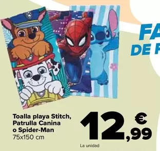 Oferta de Toalla Playa Stitch, Patrulla Canina O Spider-man por 12,99€ en Carrefour