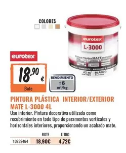 Oferta de Eurotex - Pintura Plástica Interior/exterior Mate L-3000 4l por 18,9€ en Obramat