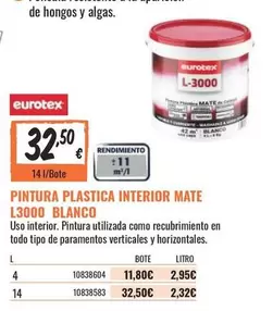 Oferta de Eurotex - Pintura Plastica Interior Mate L3000 Blanco por 32,5€ en Obramat