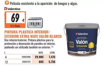 Oferta de Valentine - Pintura Plastica Interior/Exterior Extra Mate Valón Blanco por 69€ en Obramat