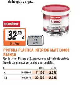 Oferta de Eurotex - Pintura Plastica Interior Mate L3000 Blanco por 32,5€ en Obramat