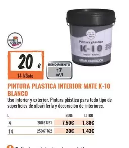 Oferta de Blanco - Pintura Plastica Interior Mate K-10 por 20€ en Obramat