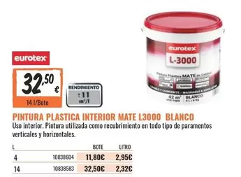 Oferta de Eurotex - Pintura Plastica Interior Mate L3000 Blanco por 32,5€ en Obramat