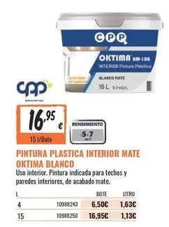 Oferta de Cpp - Pintura Plastica Interior Mate por 16,95€ en Obramat