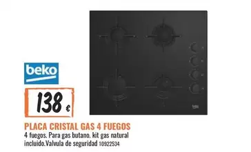 Oferta de Beko - Placa Cristal Gas 4 Fuegos por 138€ en Obramat