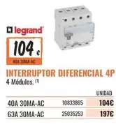 Oferta de Legrand - Interruptor Diferencial 4p por 104€ en Obramat