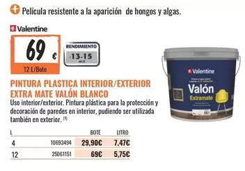 Oferta de Valentine - Pintura Plastica Interior/exterior Extra Mate Valon Blanco por 69€ en Obramat