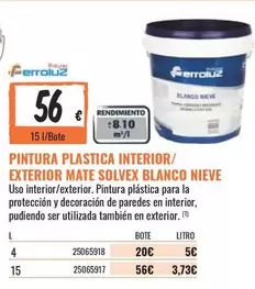Oferta de Blanco - Pintura Plastica Interior/Exterior Mate Solvex  Nieve por 56€ en Obramat