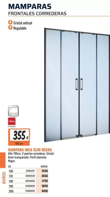 Oferta de Teka - Mampara Inca Slim Negra por 355€ en Obramat