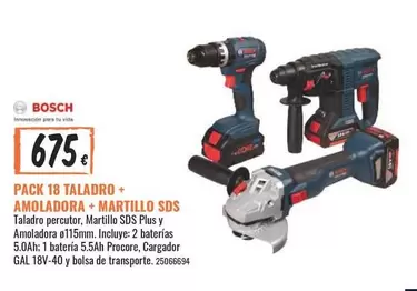 Oferta de Bosch - Pack 18 Taladro + Amoladora + Martillo Sds por 675€ en Obramat