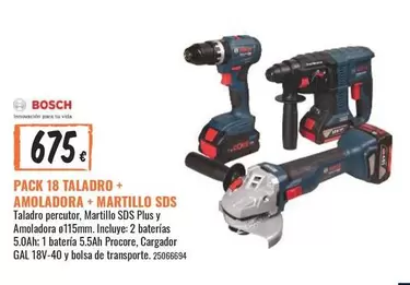 Oferta de Bosch - Pack 18 Taladro + Amoladora + Martillo Sds por 675€ en Obramat