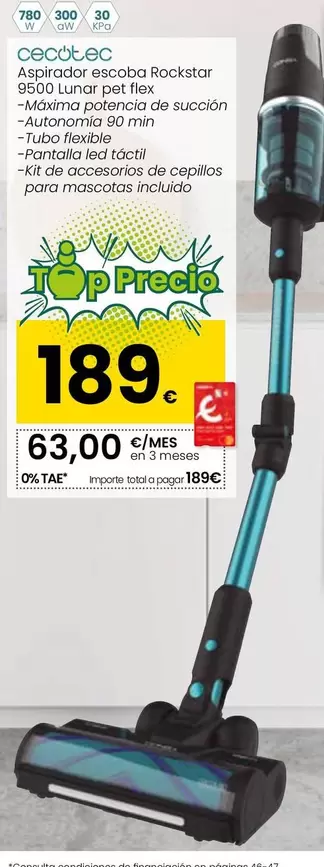 Oferta de Cecotec - Aspirador Escoba Rockstar 9500 Lunar Pet Flex por 189€ en Eroski