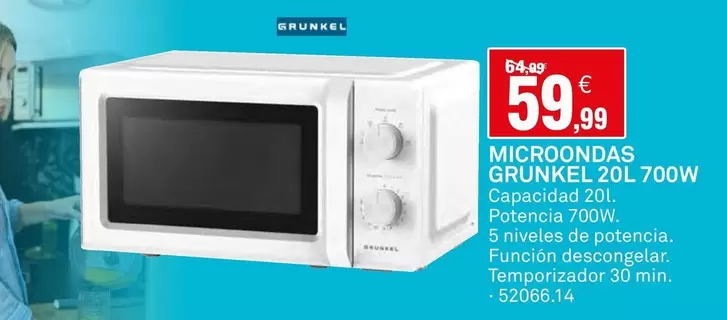 Oferta de Grunkel - Microondas 20l 700w Capacidad 20l por 59,99€ en Bricoking