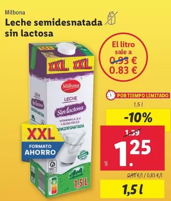 Oferta de Milbona - Leche Semidesnatada Sin Lactosa por 1,25€ en Lidl
