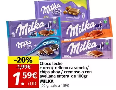 Oferta de Milka - Choco Leche + Relleno Caramelo/ Chips Ahoy / Cremoso O Con Avellana Entera De 100gr por 1,59€ en Maskom Supermercados