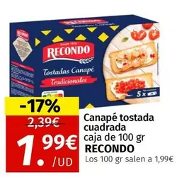 Oferta de Recondo - Canape Tostada Cuadrada Caja por 1,99€ en Maskom Supermercados