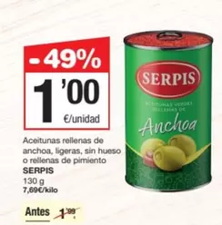 Oferta de Serpis - Aceitunas Rellenas De Anchoa por 1€ en SPAR Fragadis