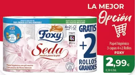Oferta de Foxy - Papel Higiénico 3 Capas 4+ 2 Rollos por 2,99€ en Spar Tenerife