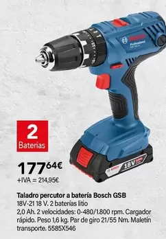 Oferta de Bosch - Taladro Percutor A Bateria Gsb por 177,64€ en Cadena88