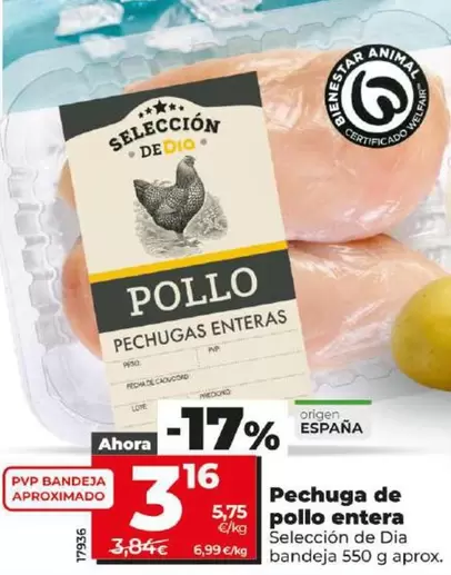 Oferta de Seleccion De Dia - Pechuga De Pollo Entera  por 3,16€ en Dia