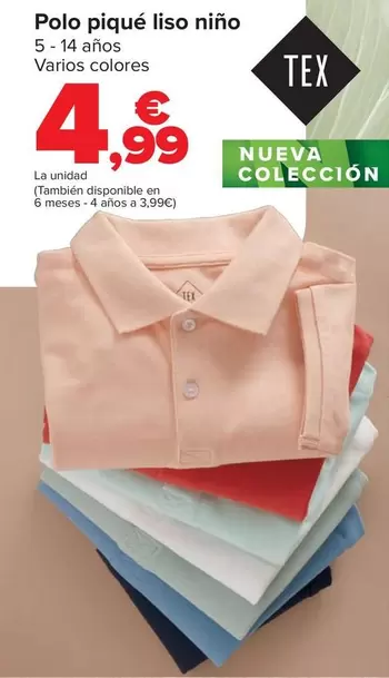 Oferta de Polo Piqué Liso Niño por 4,99€ en Carrefour
