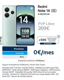 Oferta de Xiaomi - Redmi Note 14 por 14€ en Movistar