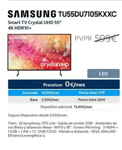 Oferta de Samsung - Smart Tv Crystal Uhd 55" 4k Hdr10+ por 265€ en Movistar