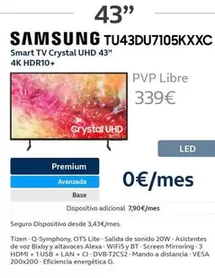 Oferta de Samsung - Smart Tv Crystal Uhd 43" por 339€ en Movistar