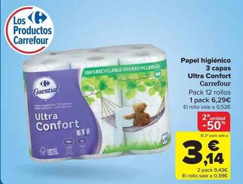 Oferta de Carrefour - Papel Higiénico 3 Capas Ultra Confort por 3,14€ en Carrefour Market