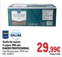 Oferta de Makro - Professional Toalla De Manos por 29,99€ en Makro