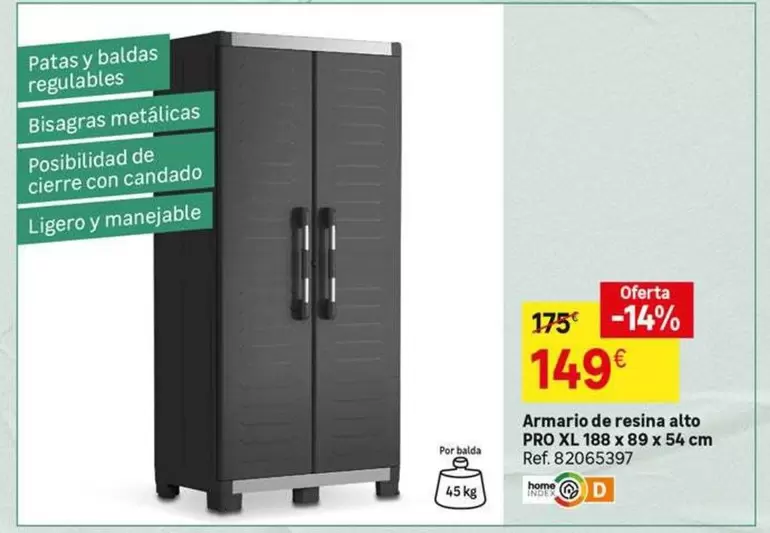 Oferta de Home - Armario De Resina Alto Pro Xl 188x89x54cm por 149€ en Leroy Merlin