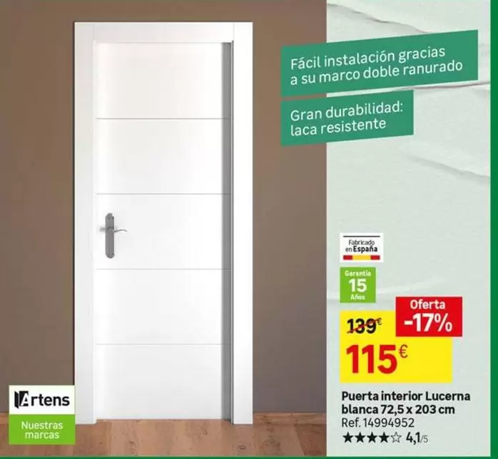 Oferta de Artens - Puerta Interior Lucerna Blanca 72,5 X 203 Cm por 115€ en Leroy Merlin