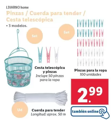 Oferta de Livarno Home - Pinzas/ Cuerda Para Tender/ Cesta Telescopica por 2,99€ en Lidl