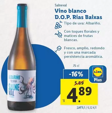 Oferta de Salneval - Vino Blanco D.O.P. Rias Baixas por 4,89€ en Lidl