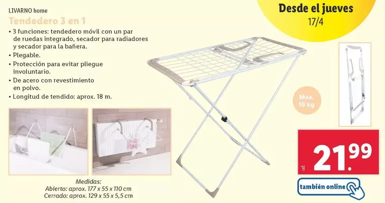 Oferta de Livarno Home - Tendedero 3 En 1 por 21,99€ en Lidl