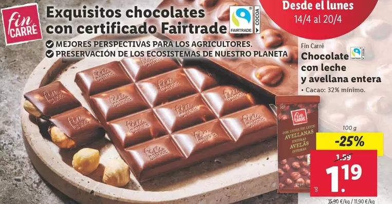 Oferta de Fin Carré - Chocolate Con Leche Y Avellana Entera por 1,19€ en Lidl