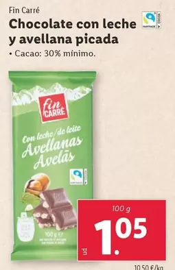 Oferta de Fin Carré - Chocolate Con Leche Y Avellana Picada por 1,05€ en Lidl
