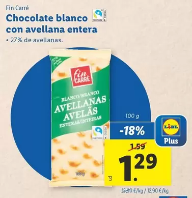 Oferta de Fin Carré - Chocolate Blanco Con Avellana Entera por 1,29€ en Lidl