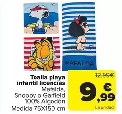 Oferta de Toalla Playa Infantil Licencias Mafalda Snoopy O Garfield 100% Algodón por 9,99€ en Carrefour