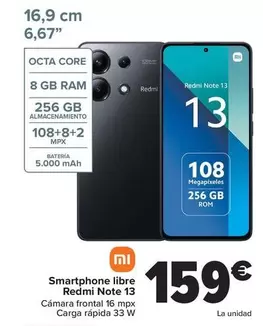 Oferta de Xiaomi - Smartphone Libre  Redmi Note 13 por 159€ en Carrefour