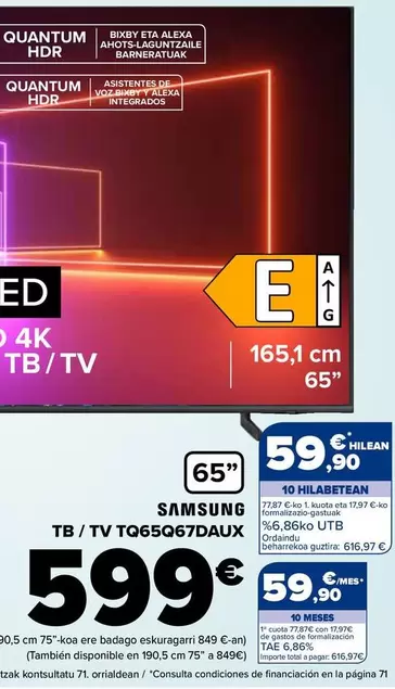 Oferta de Samsung - Tv Tq65q67daux por 599€ en Carrefour