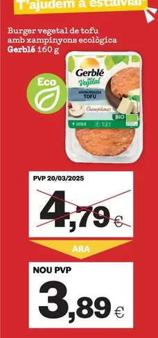 Oferta de Gerblé - Barger Vegetal De Tofu Amb Maximonyons Ecologica por 3,89€ en Sorli