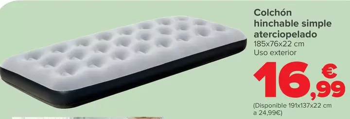 Oferta de Colchón Hinchable Simple Aterciopelado por 16,99€ en Carrefour