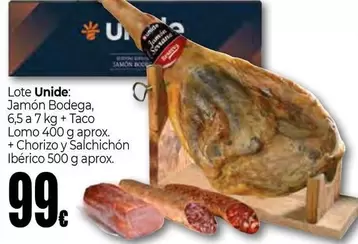Oferta de Unide - Jamón Bodega, 6,5 A 7 Kg + Taco Lomo 400 G Aprox. + Chorizo Y Salchichón Ibérico 500 G Aprox por 99€ en Unide Market