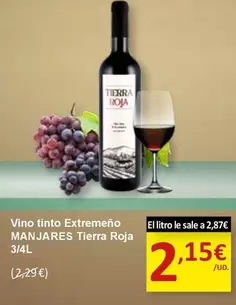 Oferta de Manjares - Vino Tinto Extremeno Tierra Roja por 2,15€ en SPAR