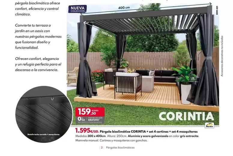 Oferta de Pérgola Bioclimática Corintia + Set 4 Cortinas + Set 4 Mosquiteras por 1595€ en BricoCentro