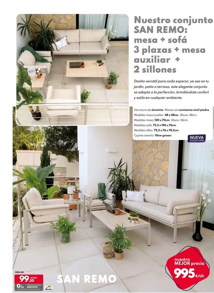 Oferta de Nuestro Conjunto San Remo: Mesa + Sofá 3 Plazas + Mesa Auxiliar + 2 Sillones por 995€ en BricoCentro
