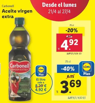 Oferta de Carbonell - Aceite Virgen Extra por 4,92€ en Lidl
