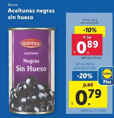 Oferta de Baresa - Aceitunas Negras Sin Hueso por 0,89€ en Lidl
