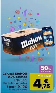 Oferta de Mahou - Cerveza 0,0% Tostada por 9,49€ en Carrefour